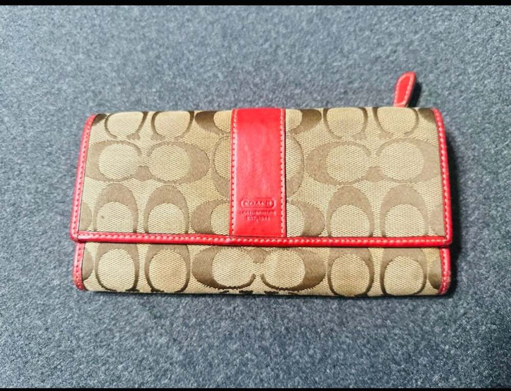 Coach Signature C Brown and Red Leather Trifold Wallet